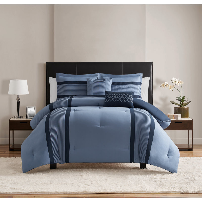 Ensemble d'édredon plissé Hamden, Édredon simple + 3 pièces supplémentaires, Bleu / bleu marine