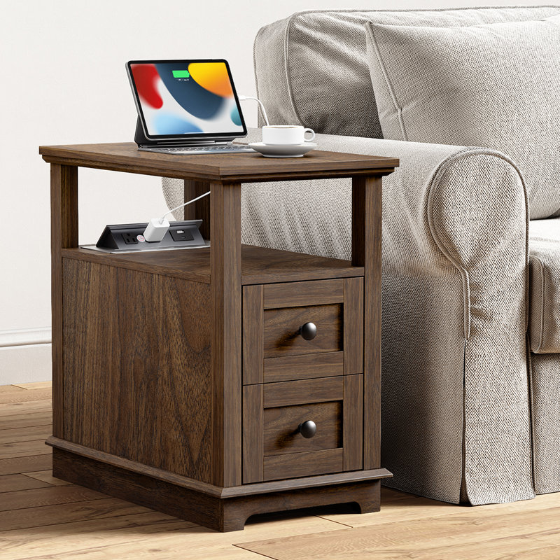 Ayame 2 - Drawer End Table With Storage and Fast Charging Station, Dark Walnut
