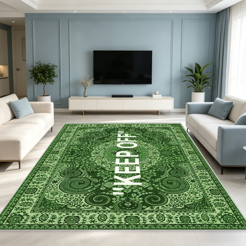 Green "KEEP OFF" Persian Style carpet-easy to clean, machine-washable, soft and comfortable; suitable for door mats, kitchens, living rooms, bedrooms, corridors, and laundry areas. Easy to clean, durable carpet for home decoration.