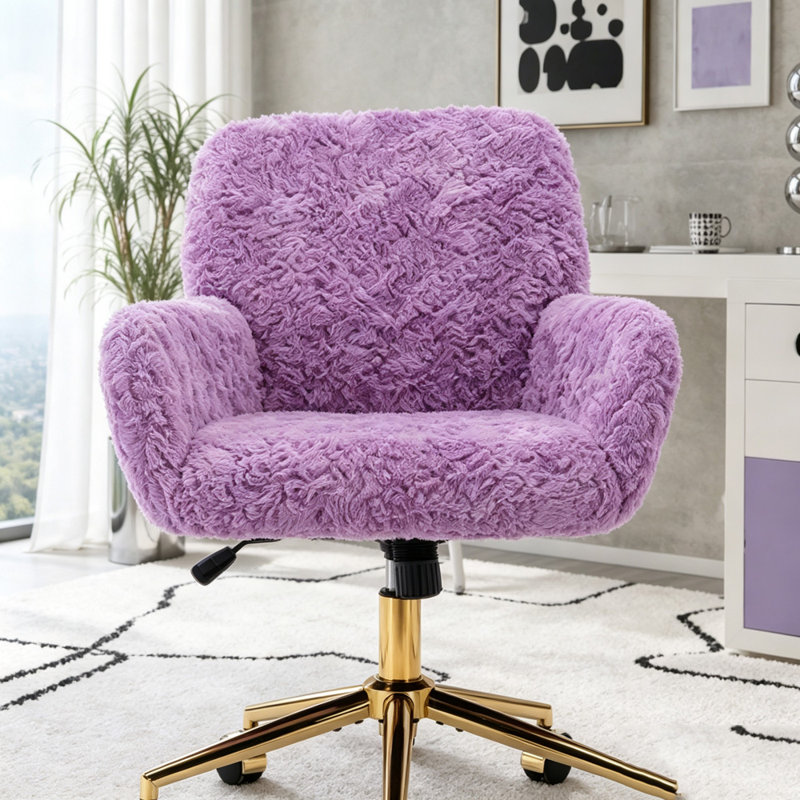 Chaise de bureau pivotante en faux alpaga et base dorée, Velours violet