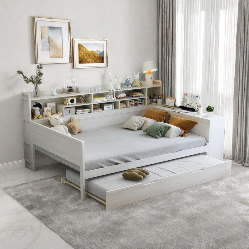Multifunctional Wooden Daybed With Storage Shelves, Study Desk And Trundle, Full/Double, White