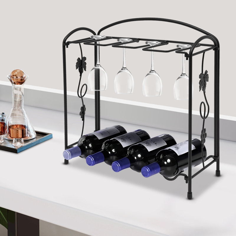 Support à vin sur pied à 2 niveaux pour 4 bouteilles et 8 verres à pied, Bronze mat