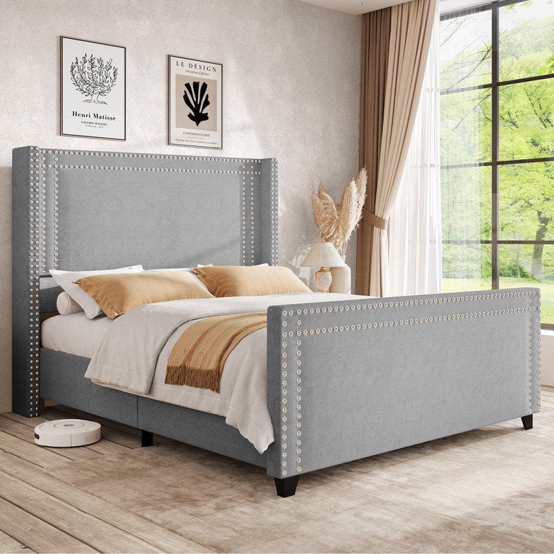 Structure de lit, lit plateforme tapissier en chenille avec tête de clou à deux rangées, gris, Très grand