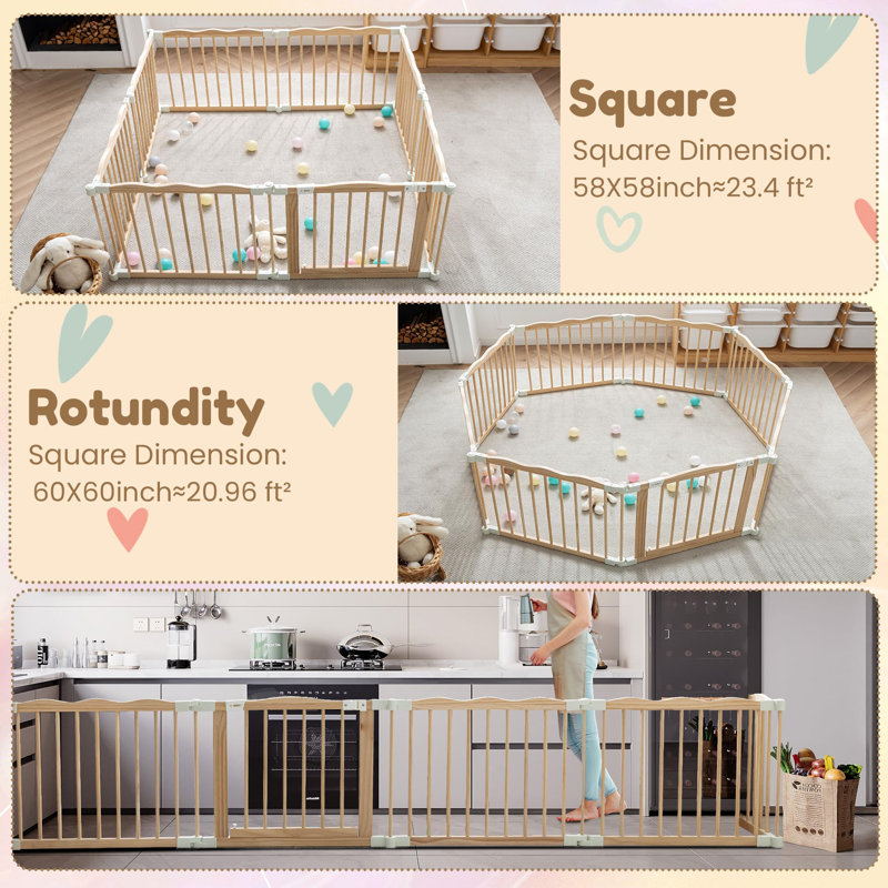 Parc pour bébé pliable en bois massif avec plateau en forme de vague, H 24 po x l 58 po x P 58 po