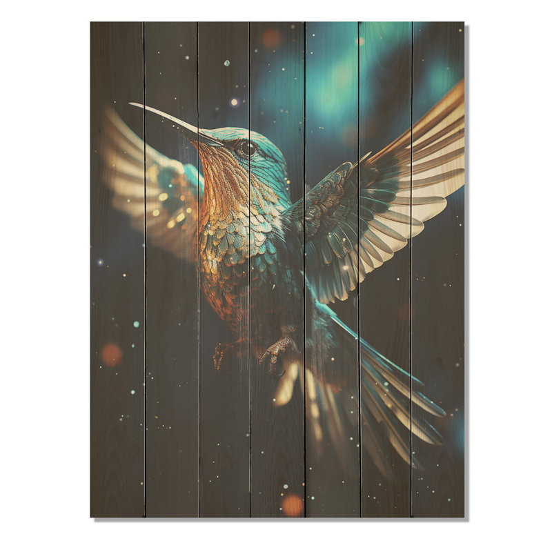 «Blue Fluttering Hummingbird Skies II» - imprimé colibri sur bois, H 44 po x l 34 po