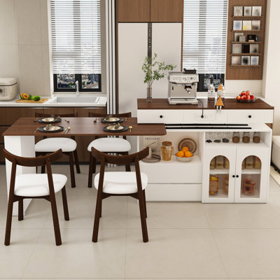 Ensemble de table en bois 5 pièces, table extensible et rotative avec tiroirs, armoire à porte en verre et 4 chaises en bois