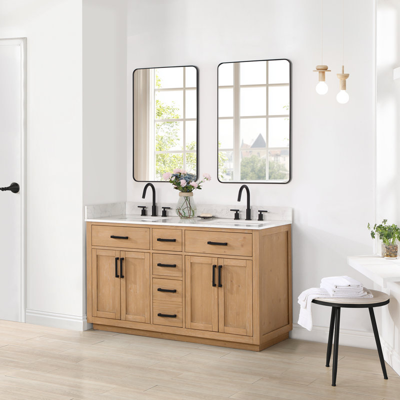 Ensemble de meuble-lavabo double avec miroir Gavino, Marron clair, Noir, 60"
