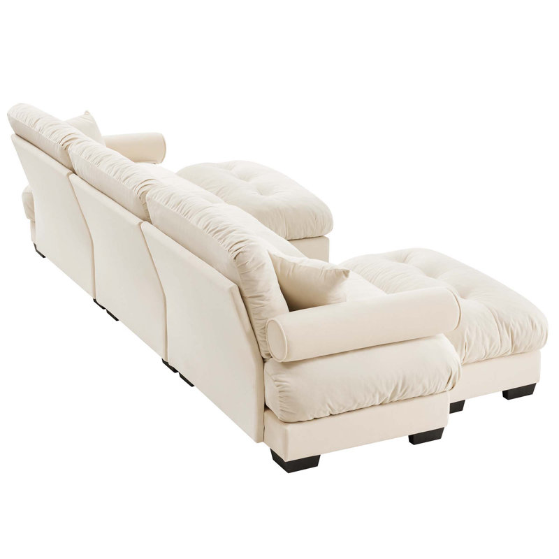 U-Shape 3 Deep Seat Modular Sofa Couch With 2 Movable Ottomans, Cream Velvet