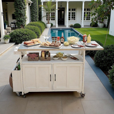 Foldable Outdoor Kitchen Island With Stainless Steel Top, Storage Cabinet & Lockable Wheels