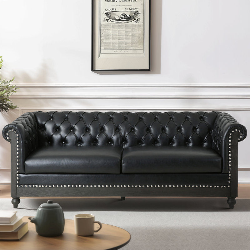 Anduin 78.75'' Rolled Arm Chesterfield Sofa, Upholstered Sofa, Gray, Black Faux Leather