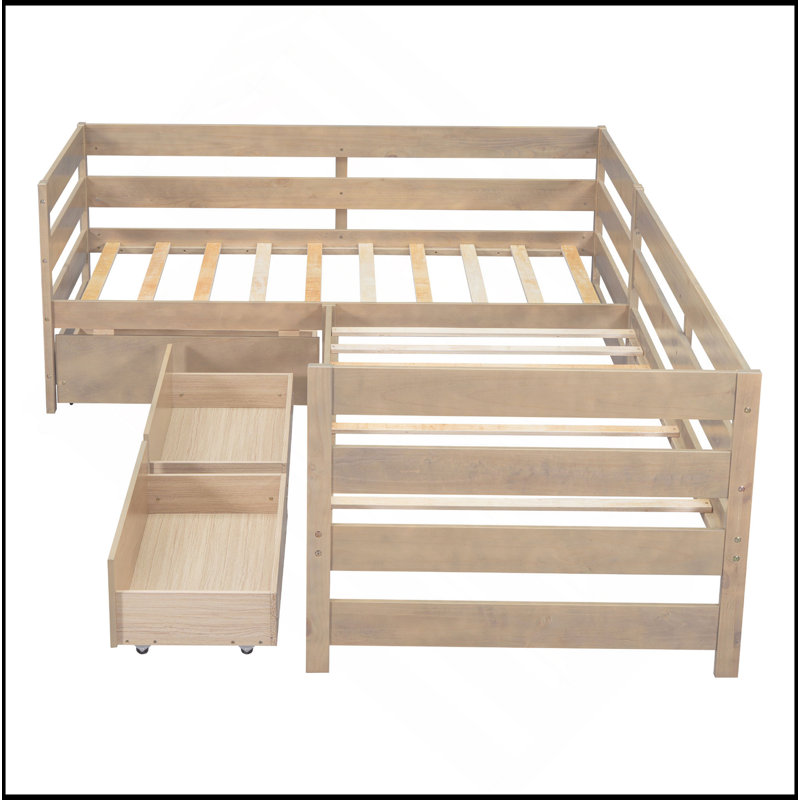 Lit plateforme simple en forme de L avec trois tiroirs de rangement, Naturel