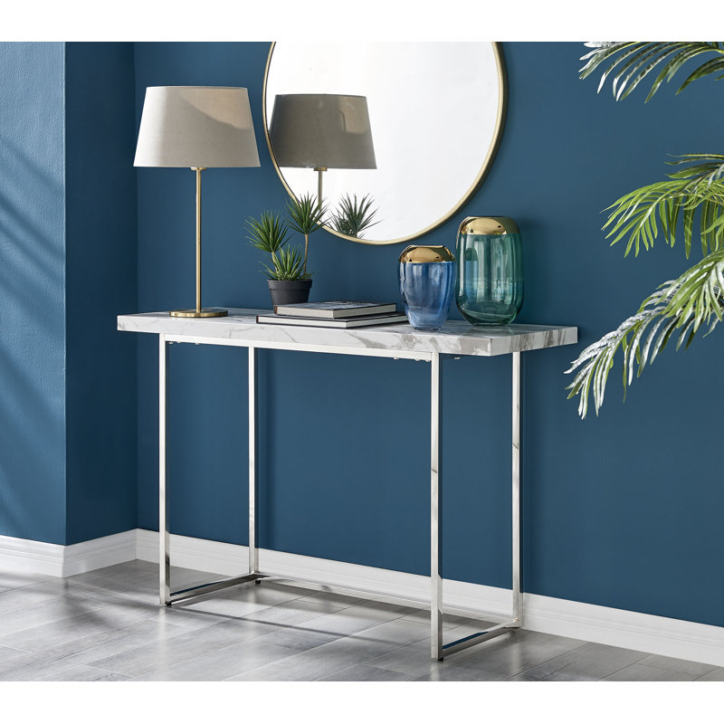 Clutch White Marble Effect High Gloss Console Hallway Side Table - Contemporary Design, White Marble