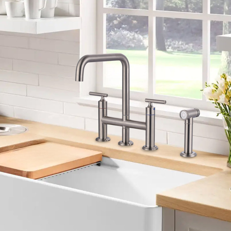 Brass 8" Deck Mount Bridge Kitchen Faucet With Brass Pull Out Side Sprayer, 4-Hole Double Handle Ktichen Faucet, Gold