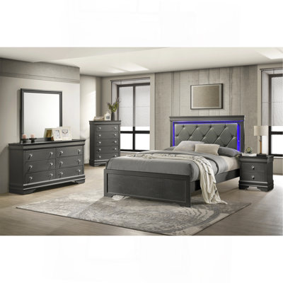 Blaze Upholstered Modern Style 5 Pc Full Bedroom Set With LED Headboard Made With Wood In Metallic Gray