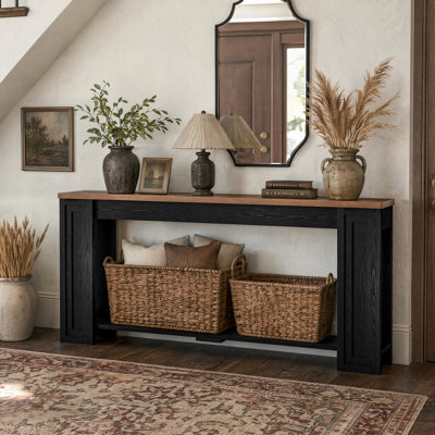83-Inch Extra-Long Console Table, 2-Tier Farmhouse Sofa Table, Narrow Entryway Table for Living Room, Hallway, Entryway, Foyer, Black + Brown