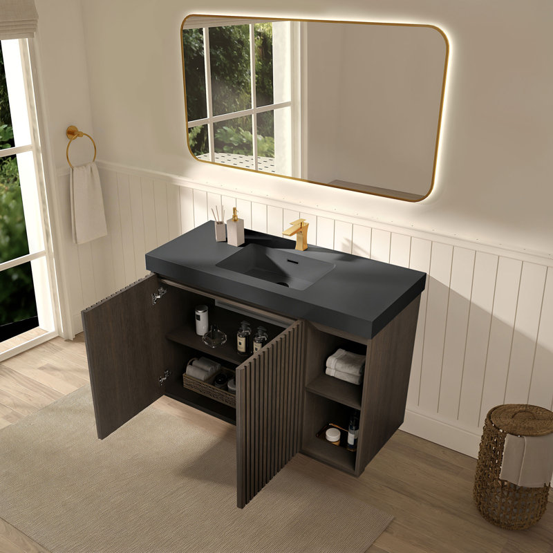 Bathroom Vanity with Solid Surface Top, 48", Black/Dark Brown, Single-Hole