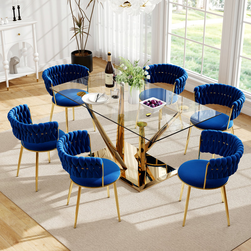 Ensemble de salle à manger à piédestal luxtury, 7 pièces : table, 6 chaises, Bleu, Doré