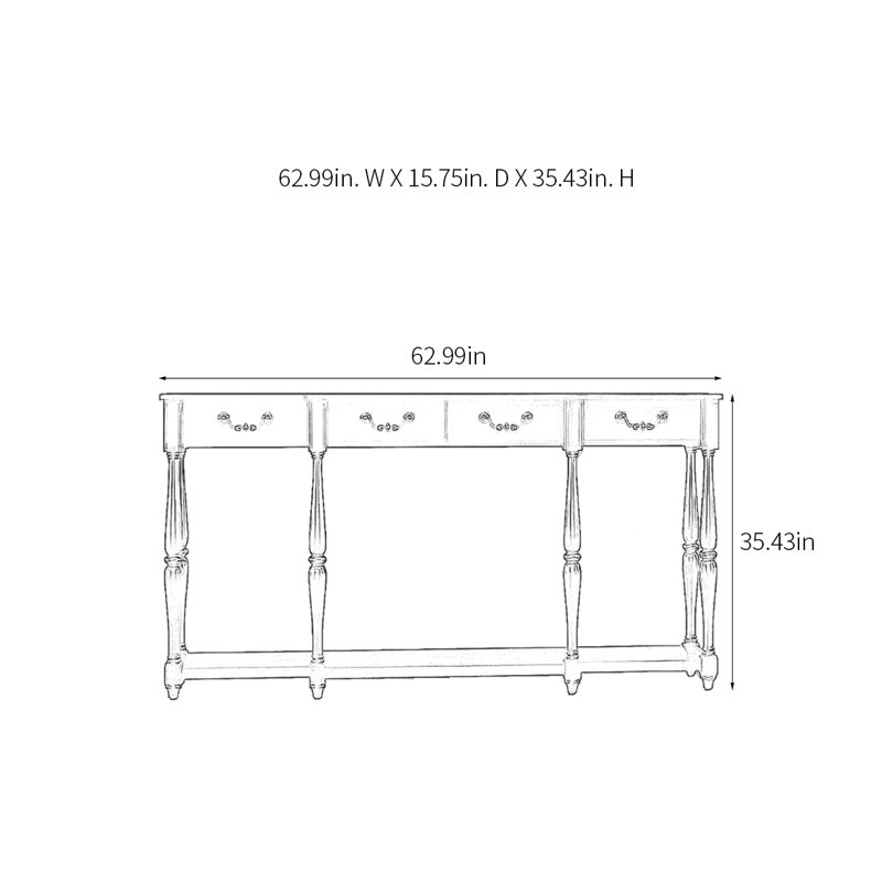 Console de style rétro avec 4 tiroirs, H 35,43 po x l 62,99 po x P 15,75 po