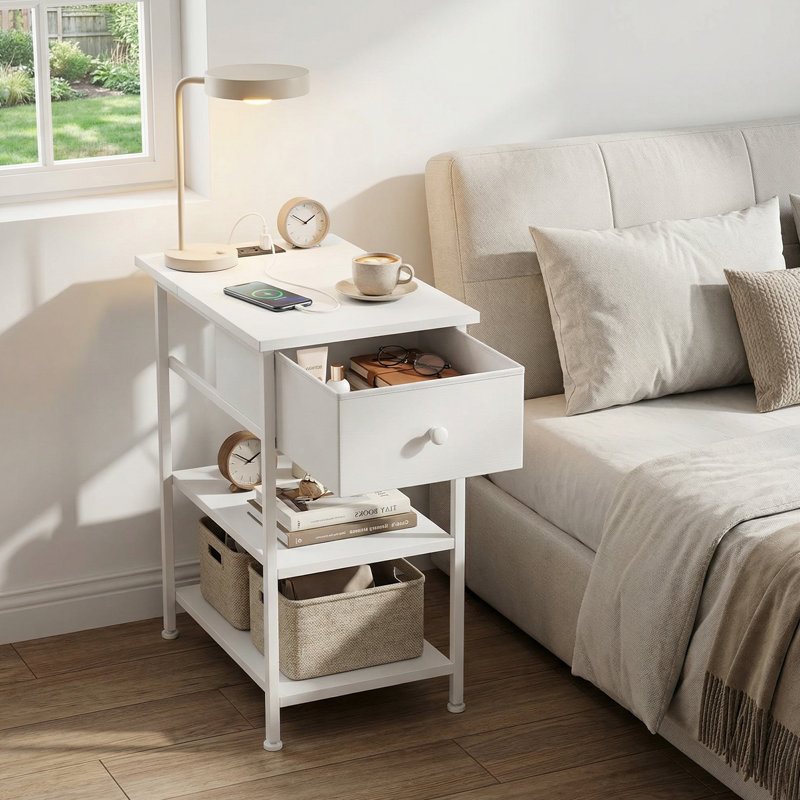 End Table with Shelves and Charging Station, Flip Top Side Table with USB Ports and Outlets, Bedside Table, Nightstand, White