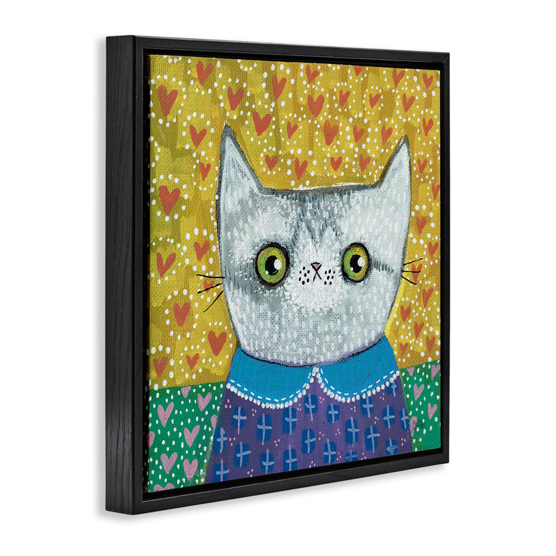 Chaton avec des motifs amusants, art mural encadré flottant par Melissa Averinos, Cadre flottant noir de jais