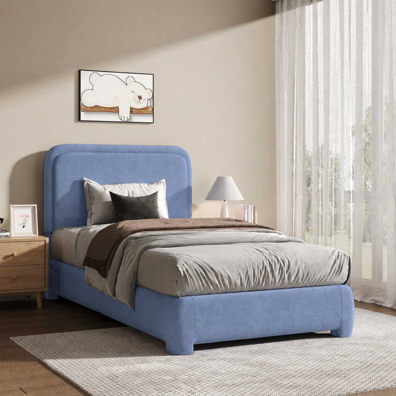 Lit plateforme tapissier Bensu Boucle, Lit simple, Bleu