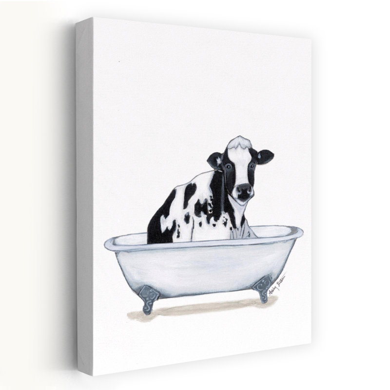 Vache dans une baignoire fantaisiste, art animalier contemporain, H 24 po x l 16 po