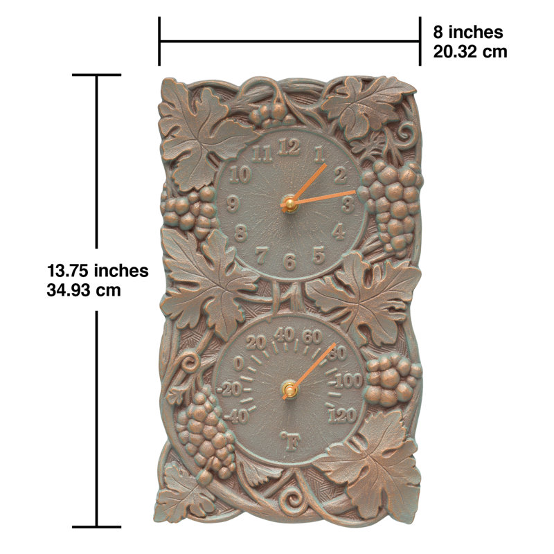 Grapevine Indoor/Outdoor Wall Clock and Thermometer, Copper Verdigris