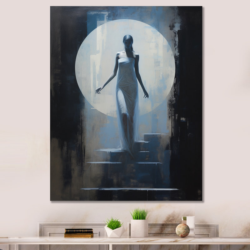Pleine lune, descente d'escalier rétro sur toile, H 20 po x l 12 po x P 1 po, Toile tendue