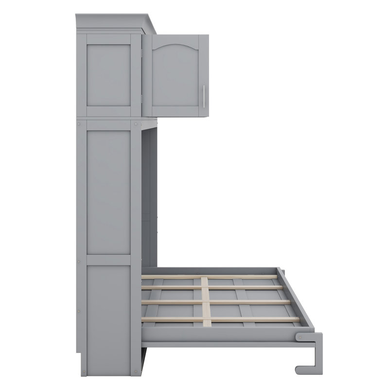 Grand lit escamotable avec armoires supérieures et porte-bouteilles, lit escamotable escamotable en bois pour adulte, Gris