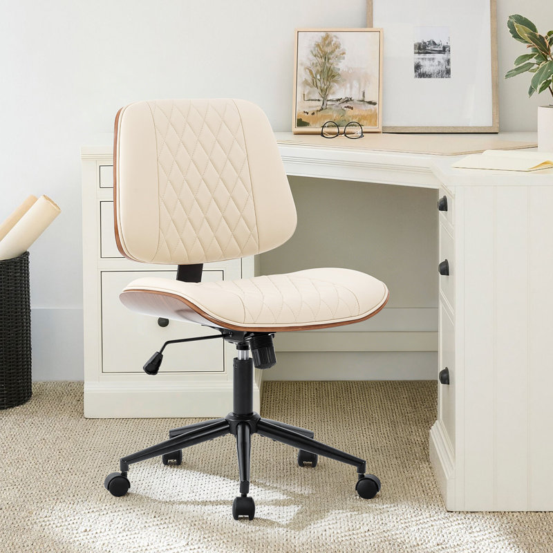 Home Office Chair No Arms with Wheels, Adjustable Height Small Desk Chair, Beige