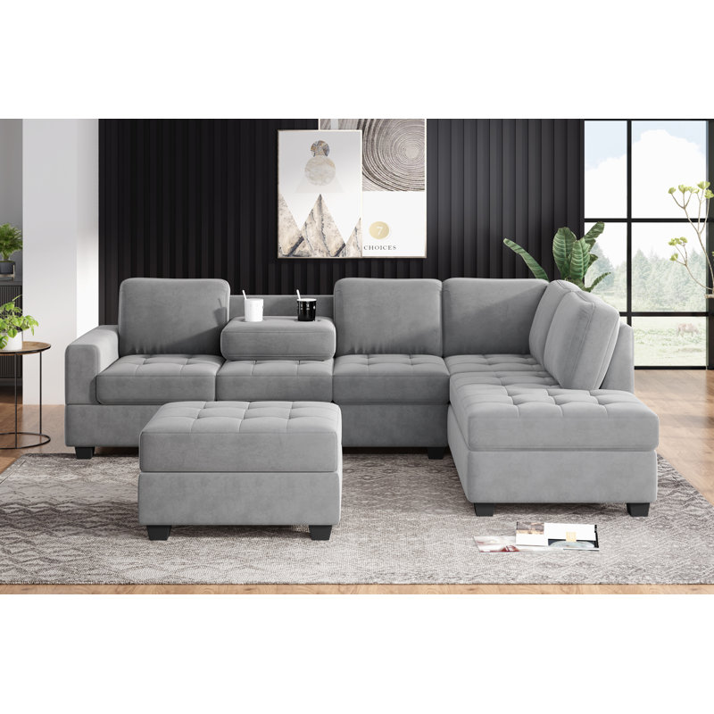 Canapé et chaise longue réversible de 112 po avec repose-pieds Luchiano, Velours gris velours