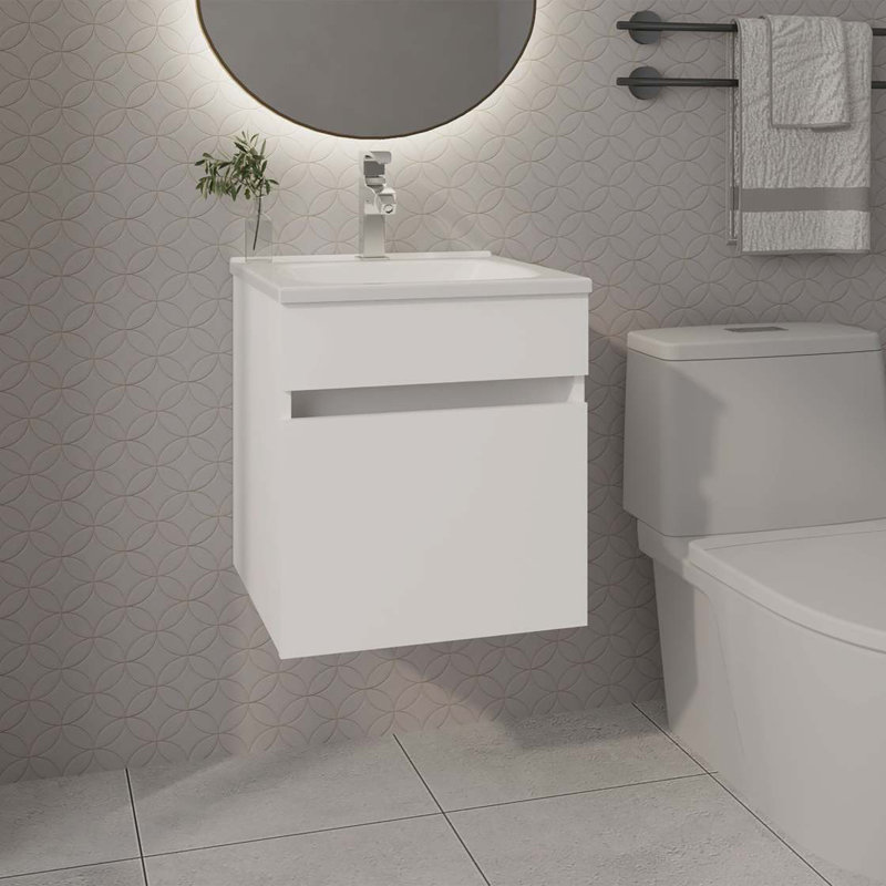 Meuble-lavabo flottant blanc avec lavabo et 1 porte, Blanc