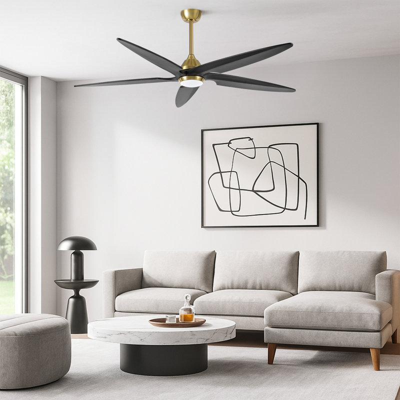 Ventilateur de plafond en bois massif à 5 pales Chanille avec lumière DEL et télécommande, Or, 64", Noir