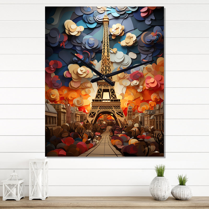 Horloge murale Paris In Bloom Vibrant Retro Collage - City Paris Modern, Très grand