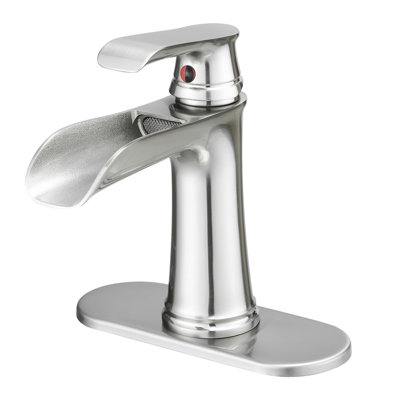 Modern Bathroom Sink Tap - Waterfall With Pop Up Drain, Brushed Nickel, Single Hole, Side , Cartridge Valve, Handle, Geometric, Bathware Faucets Basin Geometric Design