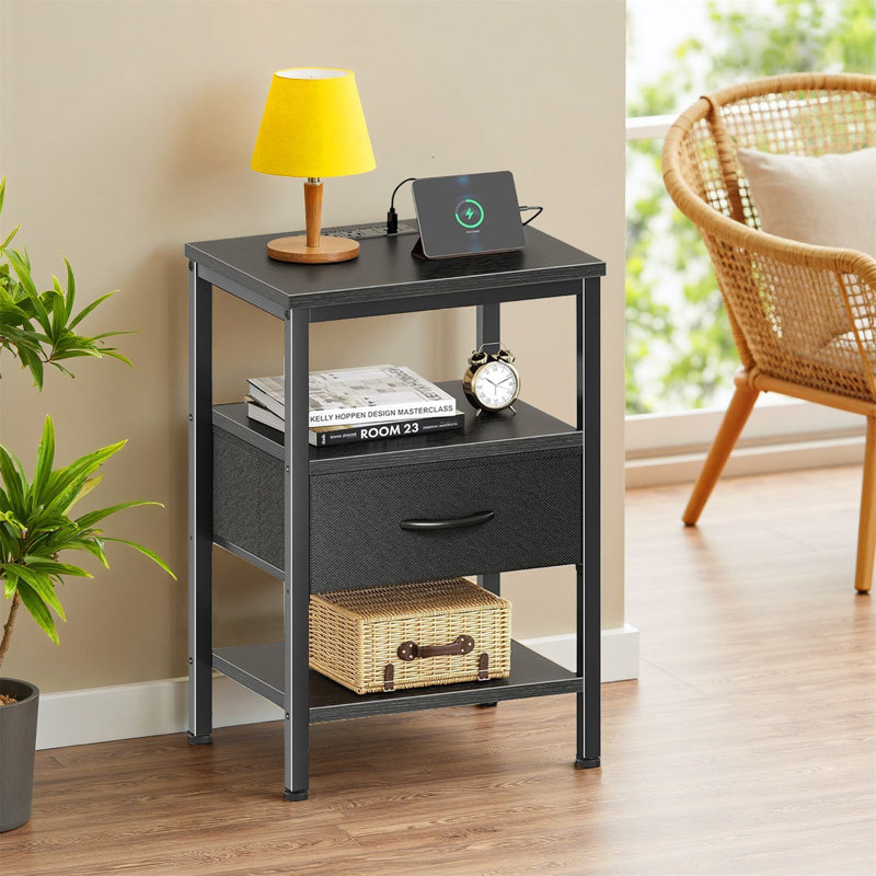 Nightstand, Night Stand With Charging Station, End Table, Bedside Table With Fabric Drawer For Livingroom And Bedroom, Black