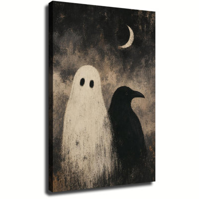 Cute Ghost And Black Raven Under Crescent Moon In Dark Moody Sky Vintage Halloween Canvas Wall Art