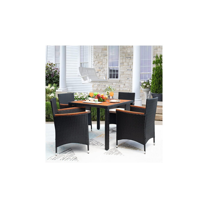 Acacia Wood Top Patio Set – Rattan Outdoor Table And Chairs, Black
