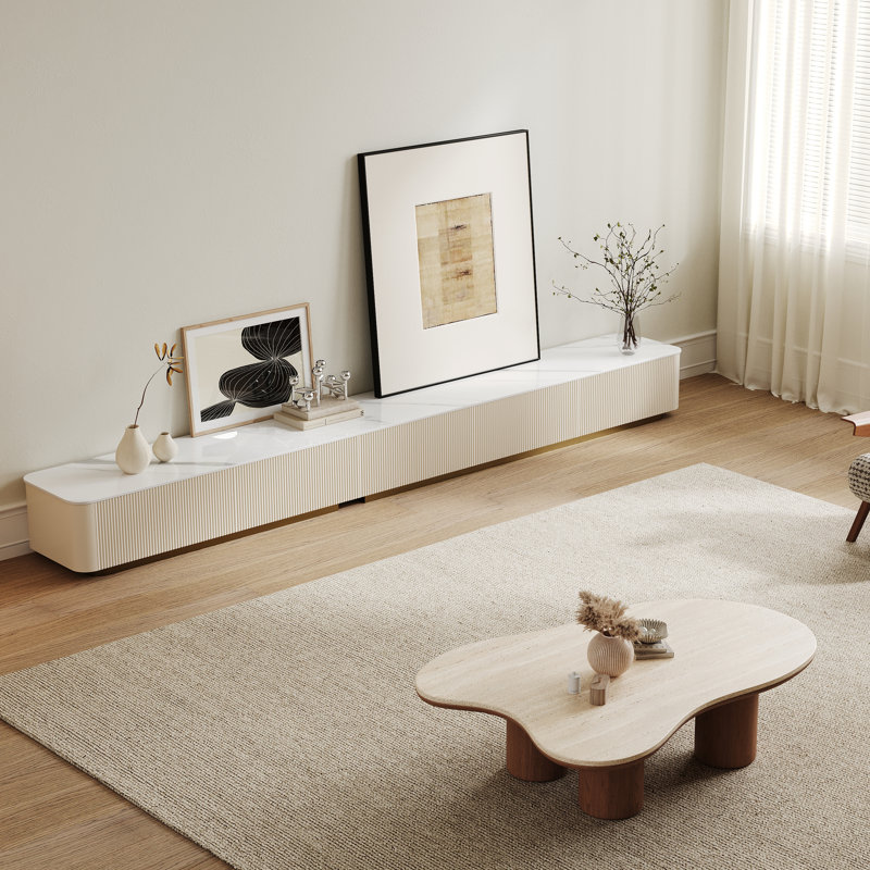 Ensemble de salon crème, meuble télé blanc cannelé et table basse en bois en forme de nuage, ensemble de divertissement minimaliste