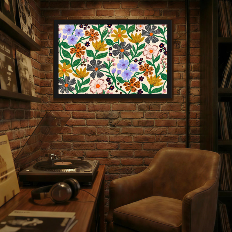 Plantes et fleurs, motif floral coloré avec des fleurs éclatantes et des feuilles vertes, H 20 po x l 30 po