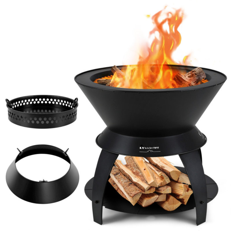 20 in. Outdoor Patio Fire Pit, Metal Camping Fire Bowl with Pot Holder and Storage Shelf