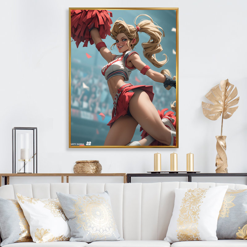 «Playful Dancing Cheerleader» sur toile, H 40 po x l 30 po x P 1,5 po, Cadre flottant doré