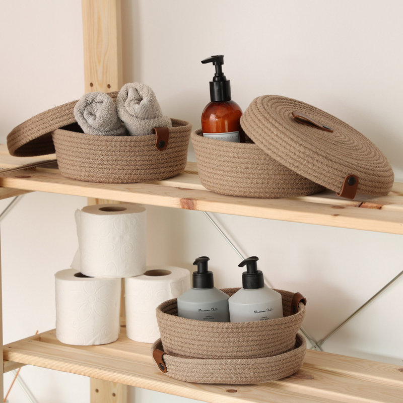 Ensemble de paniers en coton faits à la main (3 pièces), beige, 7,9 x 7,9 x 3,5 pouces | Corde en jute 100% coton, organisateurs élégants de taille moyenne | Idéal pour le rangement à la maison, la chambre de bébé et la décoration