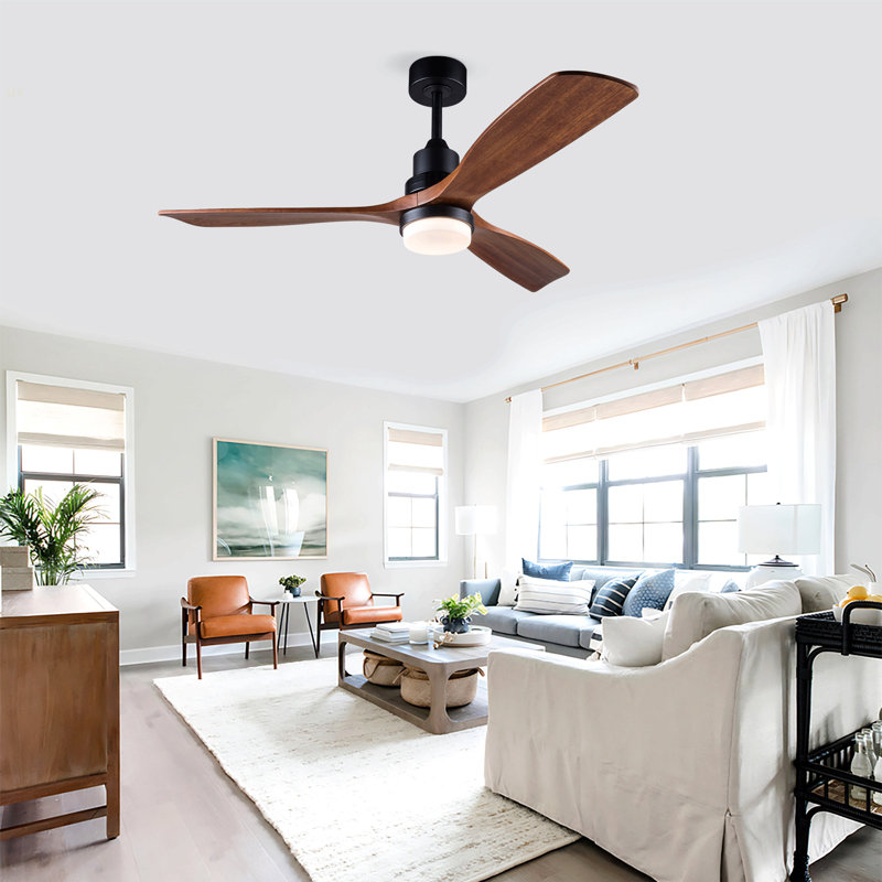Hot Sales 52 Inch Modern  Ceiling Fan With 3 Color Dimmable 3 Solide Wood Blades Remote Control Reversible DC Motor With Led Light