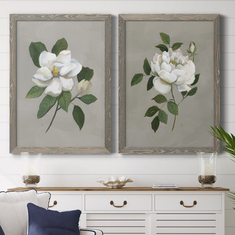Magnolia botanique - ensemble de 2 reproductions d'art, H 44 po x l 31 po x P 1 po, Toile avec cadre gris, Pas de tapis