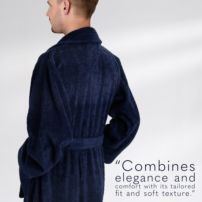100% Cotton Turkish Bathrobes, Soft Absorbent Lightweight Men Robes, Navy, L