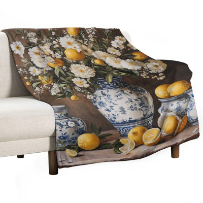 Lemons And Blooms in Blue Vases Luxury Flannel Throw Blanket, Soft Warm Fuzzy Blanket for Living Room Sofa Bed Home Decor