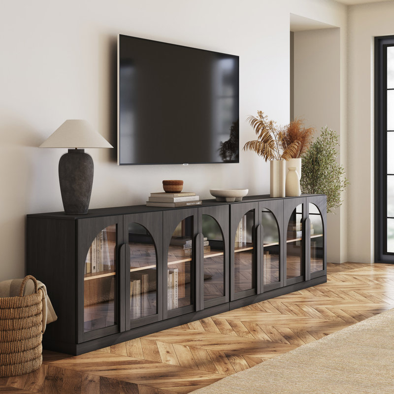 Ensemble de 2 buffet moderne de 64 po avec porte vitrée, ébène, Ebony