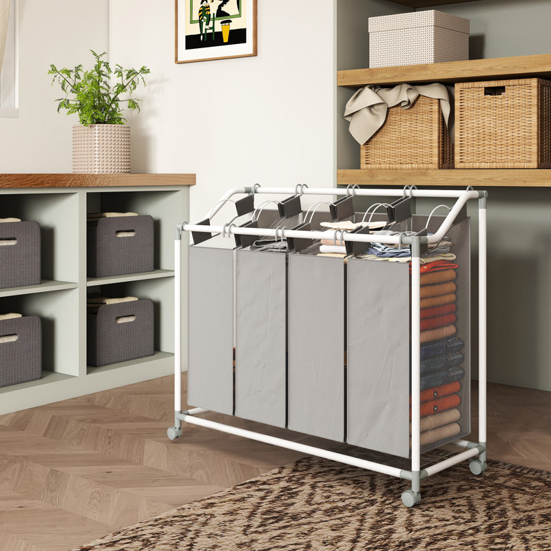 Panier à linge avec roulettes, panier à linge 160 L avec 4 sacs, gris