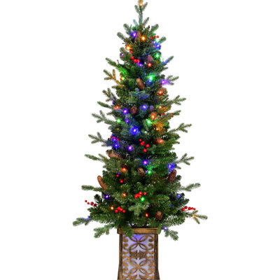 Sapin de Noël de 122 cm avec 100 lumières DEL colorées, 396 branches, baies rouges, pin et pot décoratif stable à paillettes